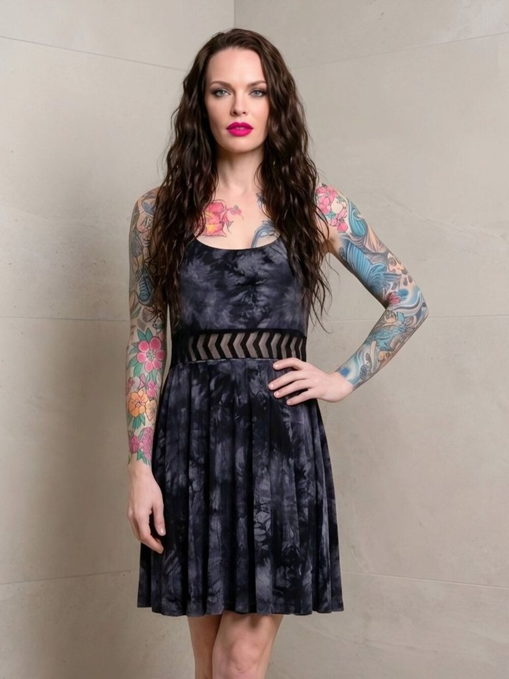 Empyre Black Gray Tie Dye Sundress Chevron Mesh Waist Cut Out Skater Dress Sz S